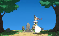 1girl alice_margatroid bad_id bad_pixiv_id bucket capelet day female_focus grass grave hat high_heels highres scenery shade shoes sky smile solo sun_hat tombstone touhou translated tree ume_(noraneko) white_hat white_shoes wind