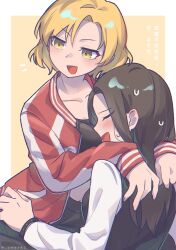 Rule 34 | 2girls, :d, bang dream!, between breasts, black jacket, black shirt, blonde hair, blush, border, bracelet, breasts, brown hair, chinese text, closed eyes, closed mouth, collarbone, collared jacket, cropped shirt, curled fingers, face between breasts, facing another, fingernails, head between breasts, head on another&#039;s chest, highres, jacket, jewelry, leaning on person, long hair, looking to the side, midriff, multicolored jacket, multiple girls, navel, notice lines, open mouth, outside border, pocket, red jacket, sato masuki, shirt, short hair, sideways mouth, sleeveless, sleeveless jacket, smile, sweat, translation request, twitter username, two-tone jacket, umaa42, v-shaped eyebrows, wakana rei, white border, white jacket, white shirt, yellow background, yuri