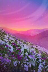 Rule 34 | daisy (flower), dutch angle, field, flower, flower field, landscape, light particles, mountainous horizon, no humans, original, outdoors, painterly, pink flower, purple flower, scenery, sunset, tulip, white flower, zandra