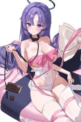 1girl absurdres bare_shoulders black_collar black_halo blue_archive blush breast_ribbon breasts candy chocolate chocolate_bar cleavage collar collarbone commentary_request covered_navel cushion food frilled_leotard frilled_panties frills hair_intakes halo hand_up heart_cushion hido88 highres holding holding_leash large_breasts leash leotard long_hair looking_at_viewer mechanical_halo multicolored_halo on_cushion panties pink_ribbon pink_trim purple_eyes purple_hair ribbon simple_background sitting smile solo thighhighs thighhighs_pull thighs two-tone_halo underwear very_long_hair white_background white_leotard white_panties white_thighhighs yuuka_(blue_archive)