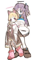 2girls animal_ear_headphones animal_ears ankle_boots black_gloves black_jacket black_skirt black_thighhighs blonde_hair blue_archive blue_eyes blue_hair boots bow cat_ear_headphones fake_animal_ears gloves hair_bow halo headphones hug hug_from_behind jacket long_hair low_twintails momoi_(blue_archive) multiple_girls pink_eyes pink_halo pleated_skirt shinbashi_seiji short_hair simple_background sketch skirt standing thighhighs twintails two_side_up white_background white_jacket yuuka_(blue_archive)