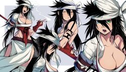 Rule 34 | 1girl, absurdres, arm tattoo, bandaged arm, bandaged head, bandages, bare shoulders, black hair, bleach, breasts, cleavage, collarbone, female focus, green eyes, highres, holding, holding behind back, holding sword, holding sword behind back, holding weapon, holding weapon behind back, jesse schickler, large breasts, long hair, one arm, open mouth, prosthesis, revealing clothes, shiba kuukaku, smoking pipe, sword, tattoo, thick thighs, thighs, weapon