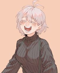 1girl :d ^_^ antenna_hair aohitsugi_nemu black_sweater blush breasts closed_eyes colored_eyelashes eyelashes hair_behind_ear hair_between_eyes happy highres hypnosis_mic long_sleeves medium_breasts open_mouth pink_background raised_eyebrows ribbed_sweater short_hair simple_background smile solo suspenders sweater teeth turtleneck upper_body urata_(kogasitata) white_hair