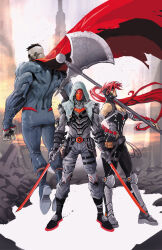 1girl amazon_warrior artemis_of_bana-mighdall bandages bare_shoulders batman_(series) batman_symbol bizarro_(superman) black_gloves black_hair bodysuit breasts cleavage dc_comics dexter_soy gloves halberd headband helmet highres holding hood jason_todd large_breasts long_hair mask muscular muscular_female polearm red_hair red_hood_(dc) red_mask red_ronin_(dc) short_hair simple_background standing superhero_costume sword two-tone_bodysuit very_long_hair weapon western_comics_(style) white_eyes white_hood wonder_woman_(series)