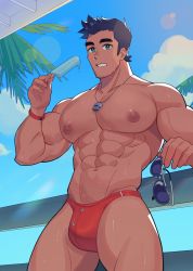 1boy abs absurdres bara black_hair bracelet bulge cloud day food goggles highres holding holding_food holding_goggles holding_removed_eyewear jewelry large_pectorals little_mac male_focus male_swimwear milkiato muscular muscular_male navel nintendo nipples outdoors pectorals popsicle punch-out!! red_male_swimwear red_swim_briefs short_hair sky solo sunglasses swim_briefs swim_goggles topless_male unworn_eyewear whistle whistle_around_neck