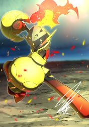 armarouge armor commentary_request embers fire flaming_eye full_body mitsukuma448 nintendo pokemon pokemon_(creature) pokemon_focus solo
