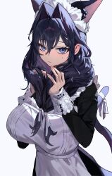 1girl absurdres animal_ears apron black_dress blue_eyes breasts cat_ears cat_tail dress hair_intakes highres hololive hololive_english hotke large_breasts maid maid_apron official_alternate_costume official_alternate_hairstyle ouro_kronii ouro_kronii_(maid) simple_background solo tail victorian_maid virtual_youtuber white_apron white_background