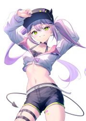 1girl =_hair_ornament adjusting_clothes adjusting_headwear anichika arm_behind_head arms_up baseball_cap belt bibi_(tokoyami_towa) black_choker black_hat black_shorts black_tank_top breasts choker cleavage colored_inner_hair commentary_request contrapposto crop_top cropped_jacket demon_girl demon_tail double-parted_bangs earrings fake_horns fishnet_thighhighs fishnets green_eyes grin hair_between_eyes hair_ornament hairclip hat highres hololive horns jacket jewelry legwear_garter long_hair long_sleeves looking_at_viewer midriff multicolored_hair navel navel_piercing o-ring o-ring_choker partially_unzipped piercing pink_hair pointy_ears purple_hair short_shorts shorts simple_background single_thighhigh small_breasts smile solo streaked_hair tail tank_top thighhighs tokoyami_towa tokoyami_towa_(1st_costume) twintails virtual_youtuber white_background white_belt white_jacket