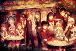 5boys 5girls amamiya_hibiya apron bad_id bad_pixiv_id black_hair blue_hair brown_hair butler cake can cup ene_(kagerou_project) food green_hair headphones kagerou_project kano_shuuya kido_tsubomi kisaragi_momo kisaragi_shintarou konoha_(kagerou_project) kozakura_marry leclle long_hair maid maid_apron maid_headdress multiple_boys multiple_girls seto_kousuke short_hair side_ponytail tateyama_ayano tray vocaloid yamaha