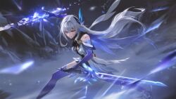 1girl azurelight_(genshin_impact) bare_shoulders blood blood_from_forehead blood_from_mouth blood_on_face breasts bruise clenched_teeth crossed_bangs crystal_shards dress fighting_stance floating_hair genshin_impact grey_hair hair_between_eyes hair_ornament highres holding holding_sword holding_weapon injury long_hair medium_breasts prosthesis prosthetic_arm prosthetic_leg raikoart red_eyes shards skirk_(genshin_impact) solo solo_focus sword teeth weapon white_dress