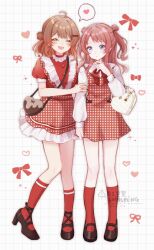 2girls absurdres ahoge bag black_shoes blue_eyes blush brown_hair checkered_clothes checkered_dress closed_eyes closed_mouth commentary dress full_body gakuen_idolmaster grid_background hair_bun hanami_saki hanami_ume hand_up hands_on_another&#039;s_arm heart heart-shaped_bag high_heels highres idolmaster long_sleeves medium_hair multiple_girls open_mouth puffy_short_sleeves puffy_sleeves red_dress red_hair red_socks shirako_(srk_srtk) shoes short_sleeves shoulder_bag siblings single_side_bun sisters smile socks speech_bubble spoken_heart standing symbol-only_commentary two_side_up watermark white_sleeves