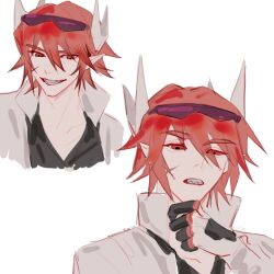 1boy aotu_world black_gloves black_shirt chinese_commentary eyes_visible_through_hair eyewear_on_head fingerless_gloves gloves goggles goggles_on_head grin hair_between_eyes headgear highres jacket looking_at_viewer male_focus multicolored_gloves multiple_views open_clothes pius_(aotu_world) pointy_ears portrait red_eyes red_hair scar scar_on_face sharp_teeth shirt short_hair simple_background smile teeth upper_body white_background white_gloves white_jacket xw_ji_ben_yuan_li_gailun