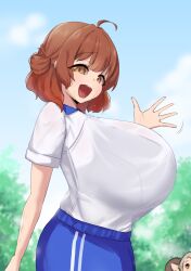3girls absurdres ahoge bare_arms blue_shorts blue_sky bra_visible_through_clothes breasts brown_eyes brown_hair cloud collared_shirt commentary_request day from_side gakuen_idolmaster gym_uniform hair_bun hanami_ume hand_up highres huge_breasts idolmaster kuramoto_china looking_at_viewer medium_hair multiple_girls noe_(ppppriver) open_mouth out_of_frame outdoors see-through_clothes see-through_shirt shinosawa_hiro shirt short_sleeves shorts single_side_bun sky smile solo_focus standing sweat tree upper_body waving white_shirt