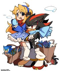 1boy 1girl :d animal_ears animal_nose bag black_fur blonde_hair blue_dress blue_eyes blue_gloves blue_hairband blue_scarf bracelet brown_shoes character_doll dress full_body fur_trim furry furry_male gloves gold_bracelet hairband hedgehog_boy highres jewelry leg_warmers long_hair long_sleeves looking_at_another maria_robotnik open_mouth paper_bag red_eyes red_fur red_scarf saewiam scarf shadow_the_hedgehog shoes short_tail simple_background smile sonic_(series) standing tail two-tone_fur white_background white_gloves white_leg_warmers white_shoes