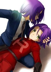 Rule 34 | 1boy, belt, black gloves, denney (sukeru ramune), dny36720, formal clothes, gloves, green eyes, james (pokemon), kneeling, looking at viewer, lying, necktie, nintendo, on back, pokemon, pokemon (anime), pokemon (classic anime), pokemon ep048, pokemon hs12, purple hair, suit, team rocket, white background