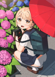 Rule 34 | 1girl, apollo (hu maple), bag, black sailor collar, black skirt, bow, brown eyes, brown hair, brown shoes, camera, clothes lift, commentary request, flower, hair bow, highres, holding, holding camera, holding umbrella, kneehighs, looking at viewer, open mouth, original, panties, red umbrella, sailor collar, school bag, school uniform, serafuku, shirt, shoes, short hair, skirt, skirt lift, snail, socks, solo, squatting, umbrella, underwear, white panties, white shirt, white socks