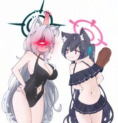 2girls :| @_@ absurdres adversarial_noise ahoge angry animal_ear_fluff animal_ears arms_behind_back artist_name bare_arms bare_shoulders bikini bikini_skirt black_bikini black_hair black_halo black_one-piece_swimsuit blue_archive blue_ribbon breasts broken_halo cat_ears cat_girl cleavage closed_mouth clothing_cutout club_(weapon) criss-cross_halter cross cross_hair_ornament dark_halo diamond_cutout face-to-face frilled_bikini frills glowing glowing_eye grey_hair hair_ornament halo halterneck hands_on_own_hips head_bump highleg highleg_one-piece_swimsuit highres holding holding_behind_back holding_club holding_weapon holding_weapon_behind_back inverted_cross large_breasts long_hair multiple_girls navel navel_cutout nervous_smile nervous_sweating off-shoulder_bikini off_shoulder official_alternate_costume one-piece_swimsuit parody pink_halo ribbon serika_(blue_archive) serika_(swimsuit)_(blue_archive) shiroko_(blue_archive) shiroko_terror_(blue_archive) simple_background small_breasts smile sweat swimsuit thighs tom_and_jerry twintails very_long_hair wavy_mouth weapon white_background wolf_ears wolf_girl xarkuwn