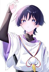 Rule 34 | 1boy, black bodysuit, black sash, black sleeves, blunt ends, bodysuit, bridal gauntlets, clothing cutout, compression sleeve, crying, crying with eyes open, eyeliner, eyeshadow, feathers, genshin impact, hand up, highres, japanese clothes, kariginu, kuro774 n, layered sleeves, looking at hand, makeup, male focus, mandarin collar, open mouth, pom pom (clothes), purple eyes, purple hair, purple pupils, purple sleeves, red eyeliner, red eyeshadow, sash, scaramouche (genshin impact), scaramouche (kabukimono) (genshin impact), shoulder cutout, side cutout, solo, string, tears, upper body, white background, white mouth, white sleeves, wide sleeves, wispy bangs, yellow feathers