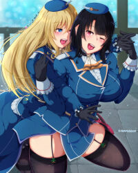 Rule 34 | 2girls, ascot, atago (kancolle), beret, black garter straps, black gloves, black hair, black pantyhose, black thighhighs, blonde hair, blue eyes, blue hat, blue skirt, breasts, garter straps, gloves, hair between eyes, hat, kantai collection, large breasts, long hair, military uniform, miniskirt, multiple girls, noteblue, one eye closed, open mouth, pantyhose, red eyes, short hair, skirt, takao (kancolle), thighhighs, very long hair