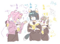 ... 3girls =_= ? ahoge animal_ears anyoji_hime arrow_(symbol) bear_ears bear_girl bear_tail black_hair blonde_hair blunt_bangs blunt_ends blunt_sidelocks bob_cut brown_dress brown_hair center-flap_bangs chinese_commentary chinese_text claw_pose closed_eyes closed_mouth commentary_request crossed_arms dress flower_knot fox_ears fox_girl fox_tail gradient_hair hasu_no_sora_school_uniform hiding hiding_behind_another highres horns kachimachi_kosuzu kemonomimi_mode link!_like!_love_live! long_sleeves loose_hair_strand love_live! momose_ginko multi-tied_hair multicolored_hair multiple_girls neckerchief oni pink_eyes ponytail sailor_collar sailor_dress school_uniform short_eyebrows short_hair shout_lines sidelocks single_horn speech_bubble spoken_ellipsis sweatdrop tail thought_bubble translation_request v-shaped_eyebrows virtual_youtuber white_sailor_collar winter_uniform woodonly yellow_neckerchief