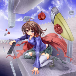1girl apple belt breasts brown_hair cape cherry cleavage female_focus floating food fruit genderswap genderswap_(mtf) gun i_wanna_be_the_guy medium_breasts monikano purple_eyes save_point solo spikes tears the_kid thighhighs torn_clothes weapon