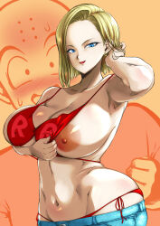 absurdres android_18 artist_request beach bikini bikini_top_only blood blue_eyes blush breasts cloud curvy day denim denim_shorts dragon_ball dragon_ball_super dragonball_z earrings high_heels highres huge_breasts jewelry kuririn kyuugata large_breasts naughty_face navel one_breast_out outdoors presenting seductive_gaze seductive_smile shorts sky smile swimsuit teasing