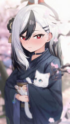 1girl absurdres animal black_flower black_hair black_kimono blue_archive blush cat closed_mouth demon_girl demon_horns ear_blush ear_piercing flower hair_behind_ear hair_between_eyes hair_flower hair_ornament highres holding holding_animal horns japanese_clothes kayoko_(blue_archive) kayoko_(new_year)_(blue_archive) kimono long_hair looking_at_viewer multicolored_hair obi official_alternate_costume official_alternate_hairstyle piercing purple_sash sash sidelocks smile solo two-tone_hair wendao white_hair
