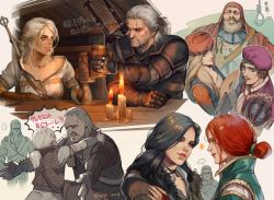 aged_down bad_id bad_twitter_id baron_phillip_strenger beard child ciri facial_hair geralt_of_rivia grey_hair hage2013 hair_bun japanese_text julian_alfred_pankratz lips manly mature_female priscilla_(the_witcher) scar scar_across_eye scar_on_face sheath sheathed single_hair_bun speech_bubble sword tankard the_witcher_(series) the_witcher_3 translation_request triss_merigold vesemir_of_kaer_morhen weapon weapon_on_back yellow_eyes yennefer