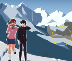 Rule 34 | 1boy, 1girl, 1other, absurdres, ayase momo, black hair, black jacket, bow, bowtie, brown hair, choker, circle, crossover, dandadan, earrings, glasses, hair behind ear, highres, jacket, jewelry, long sleeves, loose bowtie, loose socks, mae tnn, mountain, open mouth, pink sweater, red bow, red bowtie, round eyewear, school uniform, scp-096, scp foundation, shirt, short hair, skirt, smile, socks, sweater, takakura ken (dandadan)