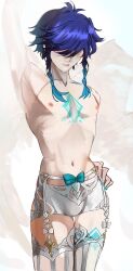 1boy absurdres androgynous armpits black_hair blue_hair braid cosplay escoffier_(genshin_impact)_(cosplay) genshin_impact gradient_hair highres multicolored_hair nipples no_eyes short_hair_with_long_locks short_shorts shorts solo thighhighs topless_male trap twin_braids unholy_zig venti_(genshin_impact)