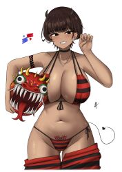 1girl absurdres bikini breasts brown_hair cleavage collarbone dark-skinned_female dark_skin demon_girl demon_horns demon_tail grin highres holding holding_mask horns jewelry large_breasts looking_at_viewer mask navel necklace original parted_lips pubic_tattoo short_hair simple_background smile solo striped_bikini striped_clothes swimsuit tail tattoo teeth unworn_mask white_background yukaraishin