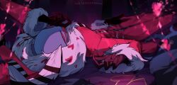 1boy ama0805 animal_print coat colored_skin demon_boy fur-trimmed_coat fur_trim hat hazbin_hotel heart highres long_coat looking_at_viewer pink_coat purple_skin red_eyes sharp_teeth solo teeth valentino_(hazbin_hotel) zebra_print