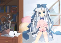 1girl blue_bow blue_bowtie blue_eyes blue_ribbon blue_skirt blush book bookshelf bow bowtie chest_of_drawers closed_mouth collared_shirt commentary_request day female_focus frilled_skirt frills hair_between_eyes hair_bow hair_ribbon head_tilt highres hugging_object indoors inkwell kushida_you lantern long_hair looking_at_viewer original paper pectorals pillow puffy_short_sleeves puffy_sleeves ribbon shirt short_sleeves silver_hair sitting skirt solo stuffed_animal stuffed_rabbit stuffed_toy very_long_hair white_shirt window