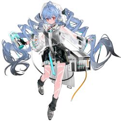 1girl artist_request black_gloves black_shorts black_socks blue_hair curly_hair game_cg girls&#039;_frontline girls&#039;_frontline_neural_cloud gloves helix_(neural_cloud) highres holding hood hood_up jacket looking_at_viewer official_art outstretched_arms red_eyes see-through_clothes see-through_hood see-through_jacket shorts single_glove socks solo tachi-e third-party_source transparent_background twintails