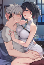 1boy 1girl :o ahoge atelier_(series) atelier_yumia bed black_hair breast_press breasts clenched_teeth clothed_sex commentary_request commission cum cum_in_pussy cum_overflow eye_contact flask grabbing_another&#039;s_ass groping hair_ribbon hand_on_another&#039;s_back hand_on_another&#039;s_chest hand_on_another&#039;s_head happy_sex hetero highres implied_sex indoors looking_at_another medium_breasts messy_hair mole mole_under_eye multicolored_hair mutual_orgasm open_mouth orgasm purple_eyes red-tinted_eyewear ribbon rutger_arendt shiny_skin shirt short_hair skeb_commission straddling sunglasses sweat table teeth tinted_eyewear tsuki_tokage two-tone_hair upright_straddle variant_set white_hair white_ribbon white_shirt window yellow_eyes yumia_liessfeldt