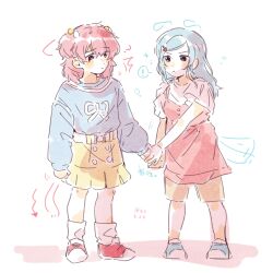 ! 2girls :&lt; ? ^^^ aged_down animal_ears arrow_(symbol) blue_eyes blue_hair blue_shirt blue_shoes blush brown_shorts buttons cat_ears chinese_commentary clenched_hand closed_mouth colored_speech_bubble commentary_request dog_ears double-breasted drawn_ears dress frown full_body grabbing_another&#039;s_hand highres hinomori_shizuku long_hair medium_hair medium_skirt mole mole_under_mouth momoi_airi multiple_girls parted_bangs pinafore_dress pleated_skirt project_sekai raised_inner_eyebrows red_dress red_eyes red_hair red_shoes shadow shirt shoes shorts simple_background skirt sleeveless sleeveless_dress socks speech_bubble spoken_exclamation_mark standing two_side_up white_background white_shirt white_socks woodonly yellow_skirt
