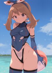 1girl ball bare_shoulders beachball blue_gloves blue_hairband blue_sky blue_thighhighs bow_hairband breasts brown_hair closed_mouth commentary_request covered_navel elbow_gloves gen_3_pokemon gloves grey_eyes grey_hair groin hairband highleg highleg_leotard highres holding holding_ball holding_beachball kyogre legendary_pokemon leotard looking_at_viewer may_(pokemon) medium_breasts medium_hair multicolored_gloves multicolored_leotard multicolored_thighhighs nintendo ocean partially_fingerless_gloves poke_ball_theme pokemon pokemon_oras red_gloves sky slit_pupils smile solo spring2013 standing thighhighs water white_leotard