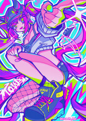 1girl colored_inner_hair commentary demon_tail ear_piercing green_eyes hair_ornament hairclip hat highres hololive horns long_hair looking_at_viewer multicolored_hair open_mouth piercing pink_hair purple_hair shirt short_sleeves signal_(eriasignal) smile solo streaked_hair tail tokoyami_towa twintails virtual_youtuber