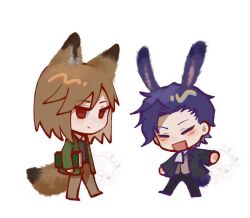 Rule 34 | 2boys, animal ears, ascot, black jacket, black pants, black vest, blue hair, brown hair, brown pants, brown vest, chibi, chibi only, closed eyes, colored lineart, fox boy, fox ears, fox tail, green jacket, grey shirt, harada mutei, jacket, kaze (yznyttdgs), kemonomimi mode, lapels, lcl, male focus, medium hair, multiple boys, notched lapels, open clothes, open jacket, open mouth, pants, rabbit boy, rabbit ears, rabbit tail, red eyes, saibou shinkyoku, shirt, short hair, simple background, smile, tail, utsugi rangiri, vest, white ascot, white background