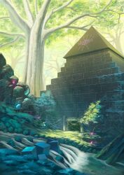 brick_wall building crystal day fantasy forest glowing grass highres moss nature no_humans original outdoors plant river rock ruins scenery stairs stream sunlight tree vines water yamakou_(yamakou_e2)