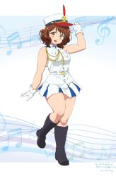 1girl aiguillette alternate_body_size arm_up beamed_eighth_notes beamed_sixteenth_notes belt black_boots boot_straps boots breast_pocket breasts brown_eyes brown_hair buttons dated derivative_work eighth_note flat_sign gloves hat hat_tip hibike!_euphonium highres knees_together_feet_apart looking_at_viewer mage_(harumagedon) medium_breasts military_hat musical_note musical_staff natural_sign open_mouth oumae_kumiko paid_reward_available pocket sharp_sign sheet_music short_hair skirt sleeveless solo standing standing_on_one_leg thick_thighs thighs treble_clef wide_hips