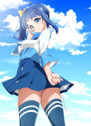1girl ass blue_eyes blue_hair blue_shirt blue_skirt blue_sky blue_thighhighs bow casual closed_mouth cloud cloudy_sky commentary cowboy_shot cut_bangs day from_behind hair_bow hirogaru_sky!_precure long_sleeves looking_at_viewer looking_back medium_hair miniskirt outdoors pleated_skirt precure shirt side_ponytail single_sidelock skirt sky smile solo sora_harewataru standing t-shirt thighhighs twitter_username two-tone_shirt v v_over_eye white_shirt yellow_bow yokoshima_takemaru