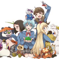 4girls :d alcohol bird blonde_hair blue_eyes blue_shirt blunt_bangs bow brown_eyes brown_hair clover_hair_ornament cube dice emilia_(houkago_saikoro_club) grey_skirt hair_bow hair_ornament hairclip holding holding_stuffed_toy houkago_saikoro_club kneeling low_twintails miniature multiple_girls nora-toro oono_midori open_mouth panda penguin plaid_clothes plaid_skirt red-framed_eyewear red_bow school_uniform shirt short_hair sitting skirt smile stuffed_animal stuffed_cat stuffed_dog stuffed_horse stuffed_rabbit stuffed_rhinoceros stuffed_toy takayashiki_aya takekasa_miki twintails white_background wine