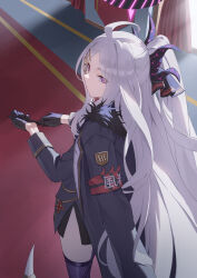 1girl absurdres ahoge armband back black_coat black_gloves black_halo black_skirt blue_archive coat coat_on_shoulders demon_girl demon_horns demon_wings dscreation_(alan_dwi29) gloves halo highres hina_(blue_archive) horns indoors long_hair looking_at_viewer purple_eyes red_armband skirt solo standing thighhighs white_hair white_thighhighs wings