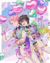 2boys balloon black_hair blue_eyes border closed_mouth ensemble_stars! hair_between_eyes hand_up heart_balloon heterochromia highres holding holding_balloon itsuki_shu jacket kagehira_mika long_sleeves male_focus multiple_boys open_mouth panties pants pink_hair purple_eyes purple_ribbon ribbon shirt short_bangs short_hair smile underwear valkyrie_(ensemble_stars!) white_border white_jacket white_panties white_shirt yellow_eyes yutsumoe
