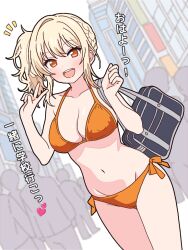 1girl bag bikini blonde_hair breasts brown_eyes city cleavage commentary_request crowd heart light_blush love_live! love_live!_nijigasaki_high_school_idol_club medium_breasts miyashita_ai mukiryoku_bato navel open_mouth orange_bikini school_bag side_ponytail smile swimsuit translation_request v