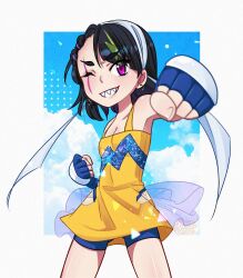 1girl 2023 bike_shorts black_hair breasts coqui_saporana dress eye_scar fangguu_(artist) fingerless_gloves gloves highres indie_virtual_youtuber one_eye_closed punch short_hair small_breasts wink yellow_dress