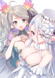 2girls :d ahoge bare_shoulders breasts cleavage closed_mouth commentary_request commission de_la_fille dress eyes_visible_through_hair fingernails flower granblue_fantasy green_eyes grey_hair grey_skirt hair_flower hair_ornament hair_over_one_eye hand_up hat highres horns izmir large_breasts long_fingernails long_hair medium_breasts multiple_girls open_mouth pixiv_commission pleated_skirt pointy_ears red_eyes sacraneco simple_background skirt smile twintails very_long_hair white_background white_dress white_flower white_headwear