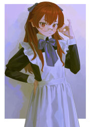 Rule 34 | 1girl, absurdres, adjusting eyewear, alternate costume, alternate hairstyle, apron, bespectacled, black dress, black ribbon, blush, border, closed mouth, commentary, cowboy shot, dress, english commentary, enmaided, eris greyrat, frilled apron, frills, glasses, hair ribbon, hand on eyewear, hand on own hip, highres, long hair, long sleeves, looking at viewer, looking over eyewear, maid, mushoku tensei, neck ribbon, outside border, perorem, red eyes, red hair, ribbon, solo, white apron, white border