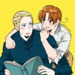 2boys ahoge artist_name axis_powers_hetalia blonde_hair blue_eyes blue_shirt blush book brown_eyes brown_hair brown_pants collared_shirt commentary_request fingernails germany_(hetalia) haruki_chise holding holding_book long_sleeves looking_at_another male_focus multiple_boys northern_italy_(hetalia) open_book open_mouth pants parted_bangs puffy_long_sleeves puffy_sleeves shirt short_hair simple_background smile striped_clothes striped_shirt sweatdrop upper_body vertical-striped_clothes vertical-striped_shirt white_shirt yaoi yellow_background